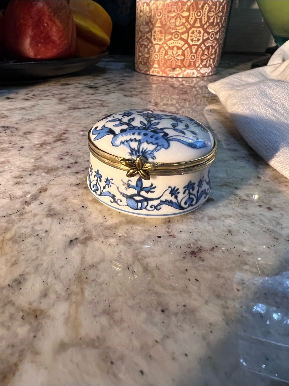 Blue and White Porcelain Trinket Box with Brass Trim brand new!